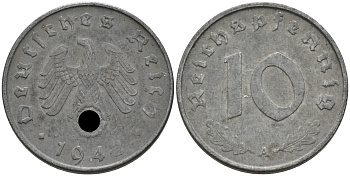 ГЕРМАНИЯ 10 РЕЙХСПФЕННИГОВ 1942 A J. 371, KM 101 цинк 75-246