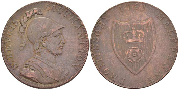 Великобритания 1/2 пенни 1791 Хэмпшир - Портсмут, бюст сэра Бэв из Антона Dalton & Hamer 89 медь 1518-1522