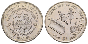 Либерия 1 доллар 1995 50 лет ООН KM 412 медно-никель BU 4537-1035