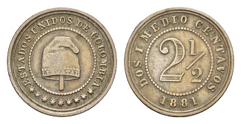 Колумбия 2 1/2 сентаво 1881 диаметр 18 мм, год-тип KM 180 медно-никель 4655-616