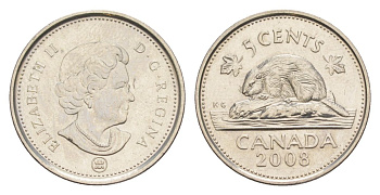 Канада 5 центов 2008 Leaf, Елизавета II (1952-2022), бобр KM 491 сталь плакированная никелем UNC 4630-764