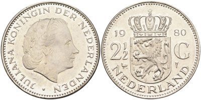 Нидерланды 2 1/2 гульдена 1980 Юлиана (1948-1980) KM 191 никель 4593-642