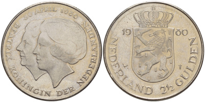 Нидерланды 2 1/2 гульдена 1980 коронация Беатрикс, 30 апреля 1980 KM 201 никель 32-1221