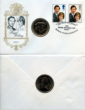 Великобритания 25 пенсов 1981 Королевская свадьба принца Чарльза и леди Дианы, Елизавета II (1952-2022), в оригинальном конверте, с марками, первый день гашения KM 925, Spink 4229 медно-никель BU 4-3-8-07