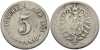 ГЕРМАНИЯ 5 ПФЕННИГОВ 1875 B, СТАРОГЕРБОВКА KM 3, Jager 3, Weege 5 медно-никель 4546-1027