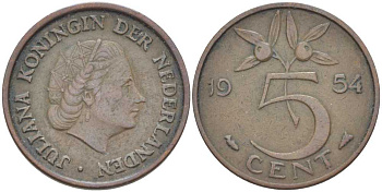 НИДЕРЛАНДЫ 5 ЦЕНТОВ 1954 ЮЛИАНА (1948-1980) KM 181 бронза 213-1022
