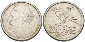 Норвегия 25 эре 1967 Улаф V (1958-1991), синица KM 407 медно-никель 4547-1046