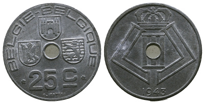 Бельгия 25 сантимов 1943 Belgie - Belgique, немецкая оккупация KM 132 цинк 259-957