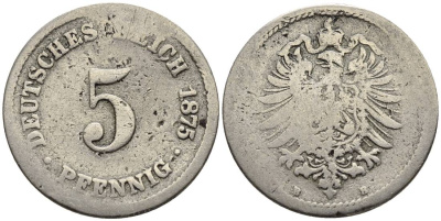 ГЕРМАНИЯ 5 ПФЕННИГОВ 1875 B, СТАРОГЕРБОВКА KM 3, Jager 3, Weege 5 медно-никель 4546-1027
