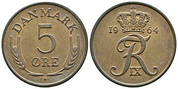 ДАНИЯ 5 ЭРЕ 1964 C; S, ФРЕДЕРИК IX (1947-1972) KM 848.1 бронза 89-1745
