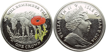 Остров Мэн 1 крона 2014 в память героев первой мировой войны, одинокая лошадь, красный мак KM NEW медно-никель, эмаль  PROOF 1071-4-43