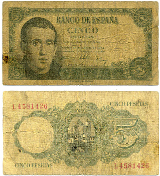 ИСПАНИЯ 5 ПЕСЕТ 1951 16 АВГУСТА 1951 Pick 140а бумага 7204-66-1-1