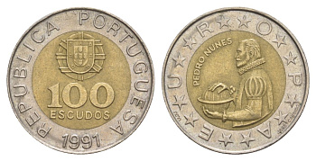Португалия 100 эскудо 1991 Педру Нуниш (1502-1578), математик KM 645 биметалл 4633-413