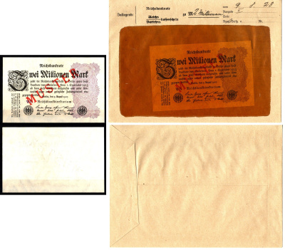 Германия 2000000 марок 1923 фиолетовый, орнамент, 9 августа, MUSTER, образец, Specimen. В оригинальном банковском конверте. Из коллекции Отто Сейфферта (помощник Ялмара Шахта - министра экономики Германии и президента Рейхсбанка времен третьего рейха) Pic