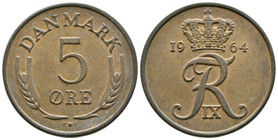 ДАНИЯ 5 ЭРЕ 1964 C; S, ФРЕДЕРИК IX (1947-1972) KM 848.1 бронза 89-1745