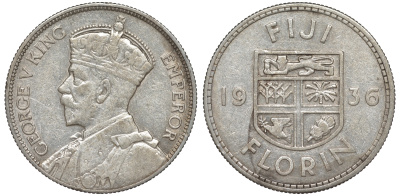 Фиджи 1 флорин 1936 Георг V (1910-1936), герб Фиджи KM 5 серебро    1531-943