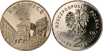 Польша 2 злотых 2010 MW, серия польские города, Катовице (Katowice) KM 761 нордик  UNC  4676-1113