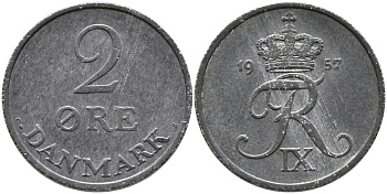 ДАНИЯ 2 ЭРЕ 1957 C; S, ФРЕДЕРИК IX (1947-1972) KM 840.2 цинк 28-1036
