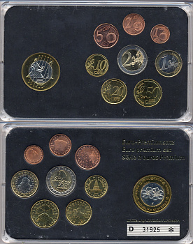 Словения евронабор от 1 евроцента до 2 евро 2007 включает 1 евро проба, планшет  биметалл, медно-никель  UNC  4-4-1-55