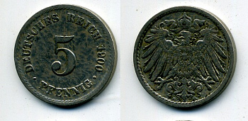 ГЕРМАНИЯ 5 ПФЕННИГОВ 1900 A, KM 11, J. 12 медно-никель 58-1237