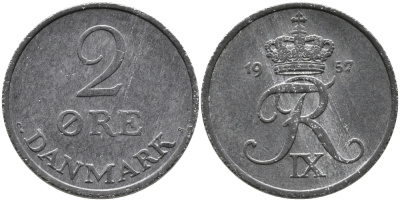 Дания 2 эре 1957 C; S, Фредерик IX (1947-1972) KM 840.2 цинк 28-1036