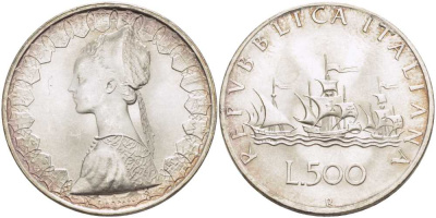 Италия 500 лир 1958 R, корабли Колумба KM 98 серебро 51-4645