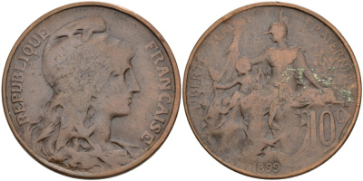 Франция 10 сантимов 1899 тип DANIEL-DUPUIS KM 843, Le Franc 136.8 бронза 4574-442