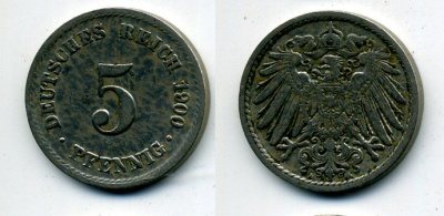 ГЕРМАНИЯ 5 ПФЕННИГОВ 1900 A, KM 11, J. 12 медно-никель 58-1237