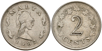 Мальта 2 цента 1982 Пентесилея, царица амазонок KM 9 медь цинк 4154-731