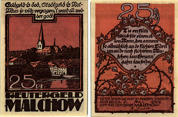 МАЛЬХОВ 25 ПФЕННИГОВ 1922 НОТГЕЛЬД, 1922 - 31 МАЯ 1922, ЗЕМЛЯ МЕКЛЕНБУРГ-ПЕРЕДНЯЯ ПОМЕРАНИЯ Grabowski 863.1 бумага 6318-47-3-2