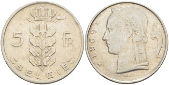 БЕЛЬГИЯ 5 ФРАНКОВ 1969 BELGIE, БОДУЭН I (1951-1993) KM 135.1 медно-никель 213-423