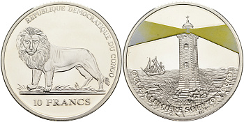 Конго 10 франков 2006 маяк, корабли, светится в темноте, тираж 2500 экз. серебро PROOF 4-5-3-02
