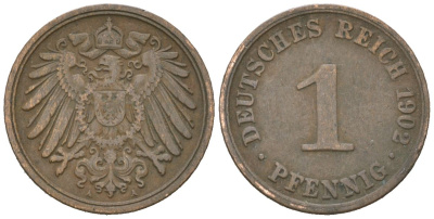 Германия 1 пфенниг 1902 A, Вильгельм II (1888-1918) KM 10, J. 10 медь 4615-715