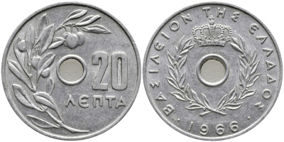 Греция 20 лепта 1966 Константин II (1964-1974), оливковая ветвь KM 79 алюминий 24-1256