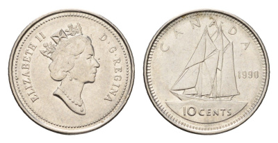 Канада 10 центов 1990 Елизавета II (1952-2022), парусник KM 183 никель 4689-563