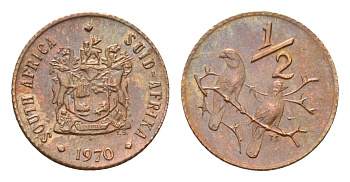 ЮАР 1/2 цента 1970 два капских воробья на ветке KM 81 бронза UNC 39-1211