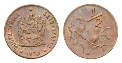 ЮАР 1/2 цента 1970 два капских воробья на ветке KM 81 бронза UNC 39-1211