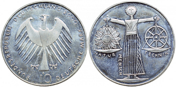 ФРГ 10 марок 2000 A, EXPO 2000 KM 199 серебро UNC 1520-1524