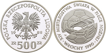 Польша 500 злотых 1988 MW, чемпионат мира по футболу в Италии 1990 года, стадион внутри мяча KM 184, Parchimowicz 334 серебро PROOF 1085-2-12