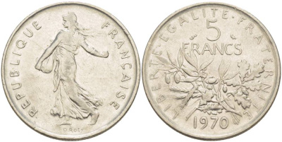 Франция 5 франков 1970 сеятель, тип Semeuse KM 926a.1, Le Franc 341.2 медно-никель плакированный никелем 4545-924