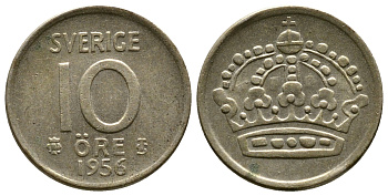 Швеция 10 эре 1956 TS, Густав VI Адольф (1950-1973) KM 823 серебро 261-636