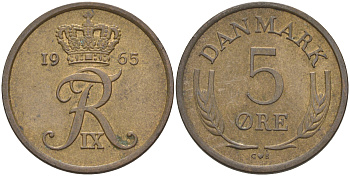 ДАНИЯ 5 ЭРЕ 1965 C; S, ФРЕДЕРИК IX (1947-1972) KM 848.1 бронза 106-113