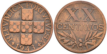 Португалия 20 сентаво 1943 KM 584 бронза 4588-448
