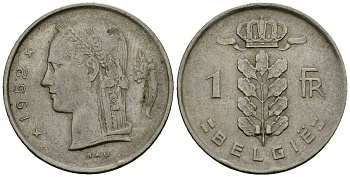 Бельгия 1 франк 1952 Belgie, Бодуэн I (1951-1993) KM 143.1 медно-никель 4172-537