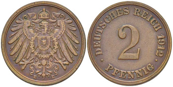 Германия 2 пфеннига 1912 E KM 16, J. 11, Weege 4 медь 206-621