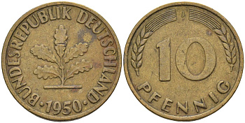 ФРГ 10 пфеннигов 1950 J KM 108 сталь плакированная латунью 4126-531