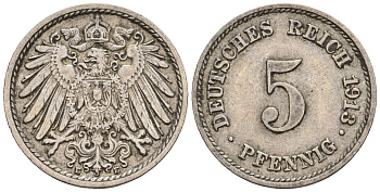 Германия 5 пфеннигов 1913 E, KM 11, J. 12 медно-никель 220-646