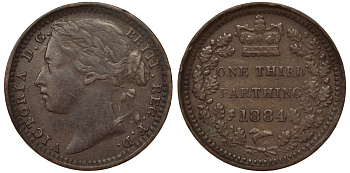 Великобритания 1/3 фартинга 1884 Виктория (1837-1901) KM 750, Spink 3960 бронза 1524-514