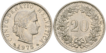 Швейцария 20 раппенов 1975 KM 29а медно-никель 4364-1425