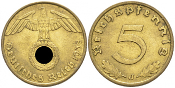 Германия 5 рейхспфеннигов 1938 J, КМ 91, J.363 алюминиевая бронза UNC 73-121
